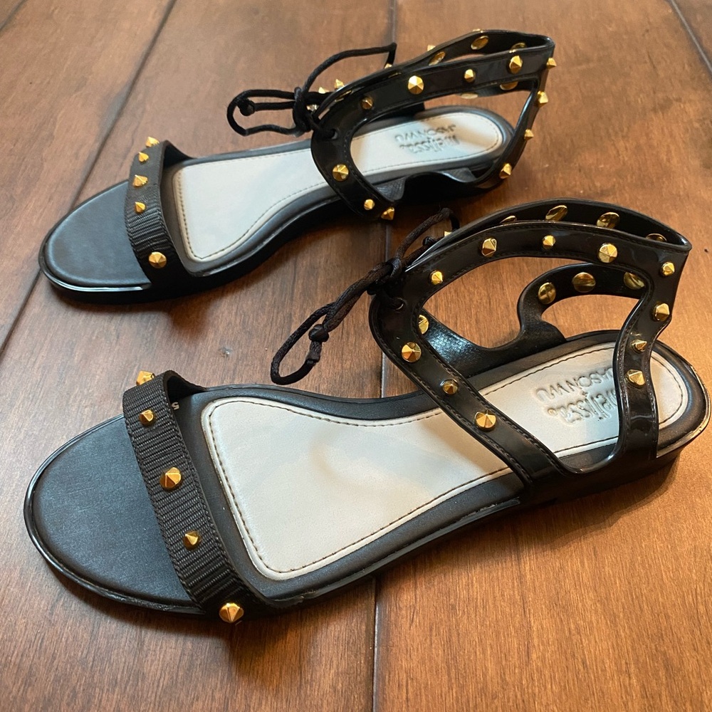 Melissa & Jason Wu black tie sandals with gold studs. Size: USA 6